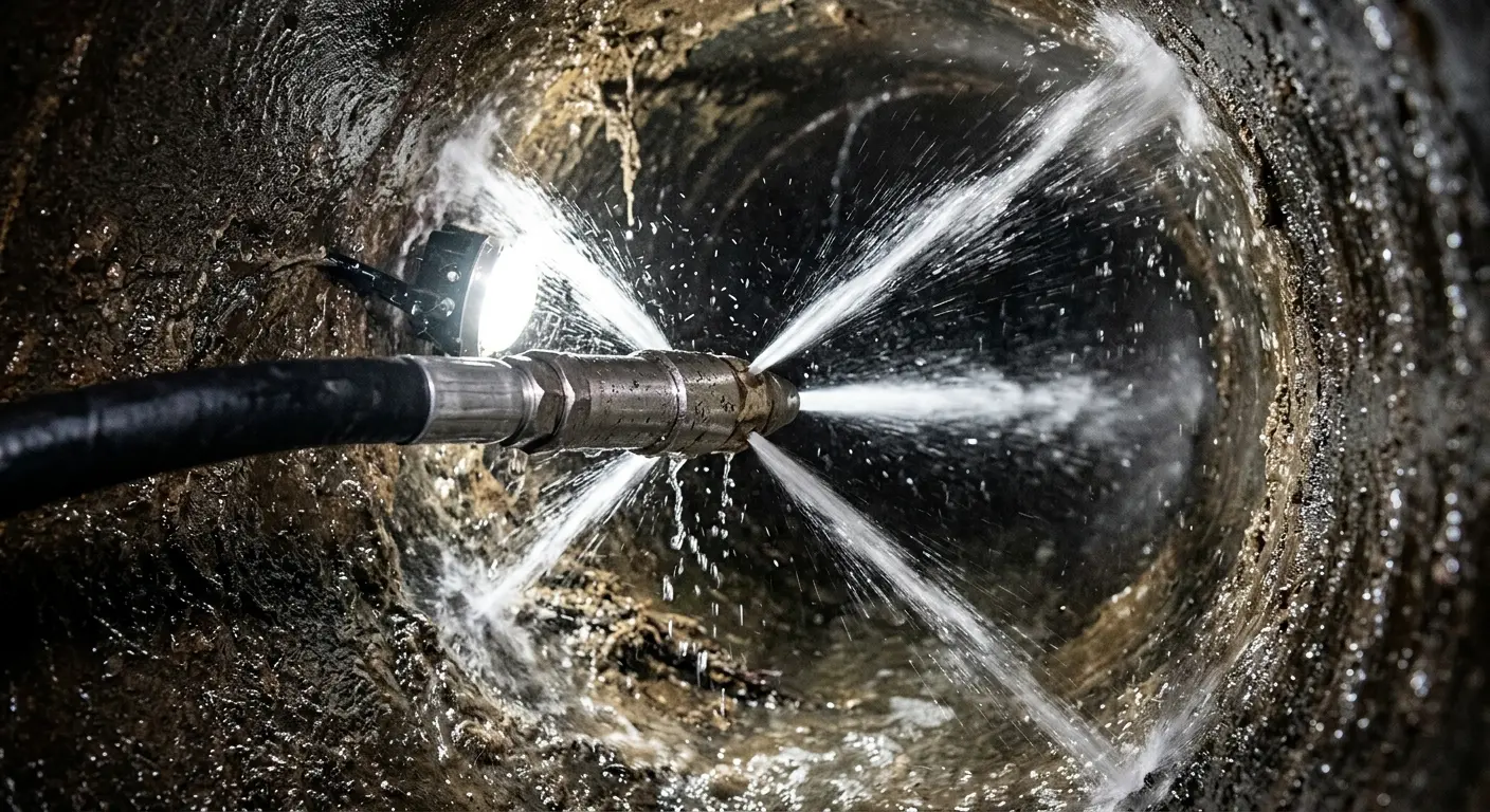 High-pressure hydro jetting nozzle cleaning sewer pipe for Emergency Drain Service in Columbia