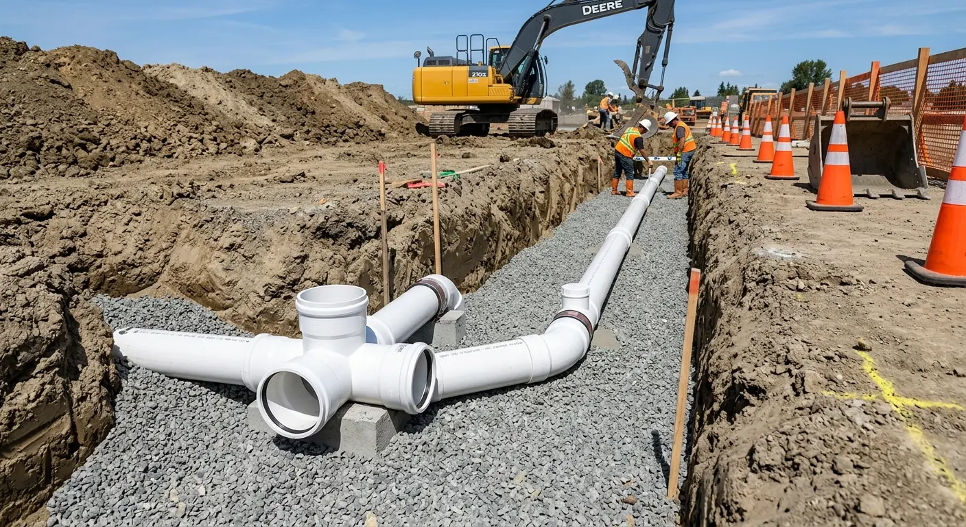 New PVC sewer pipe installation in open trench for Commercial Drain Cleaning in Columbia